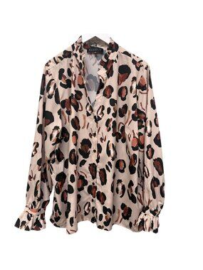 ELOQUII Leopard Print Ruffle Blouse Plus Size 22 Button Front Long Sleeve